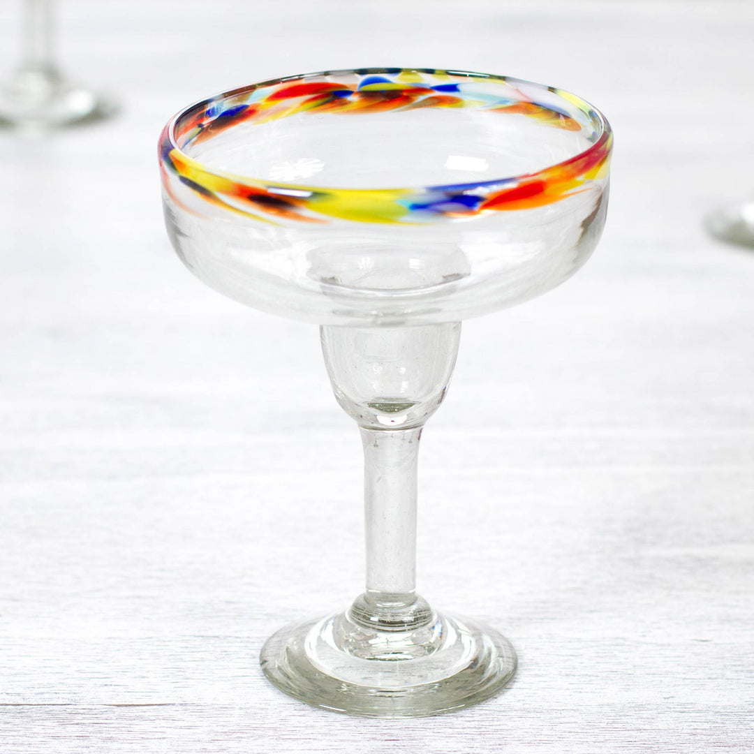 Set of 6 Artisan Crafted Blown Glass Margarita Glasses - Confetti Rim