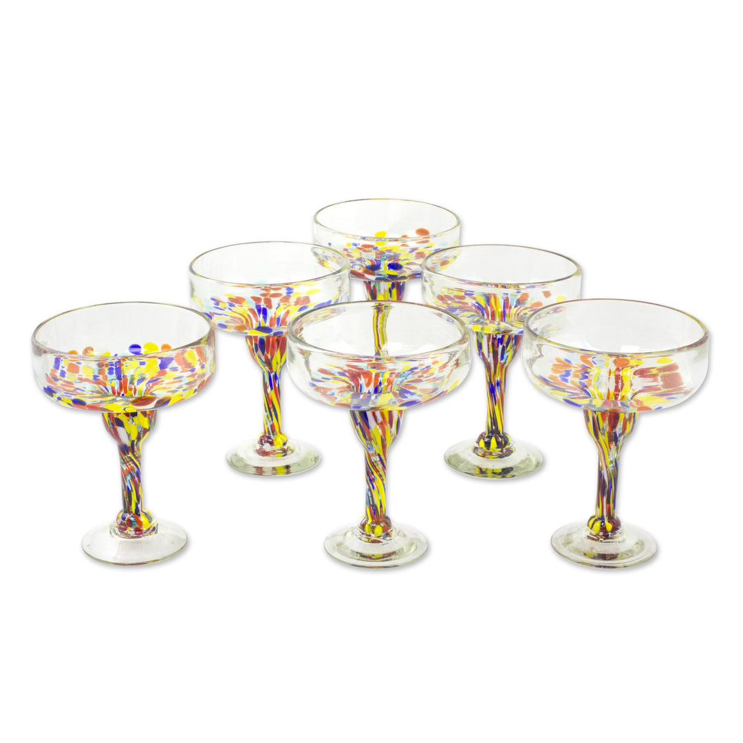 Set of 6 Multicolor Hand Blown Glass Margarita Glasses - Confetti Festival