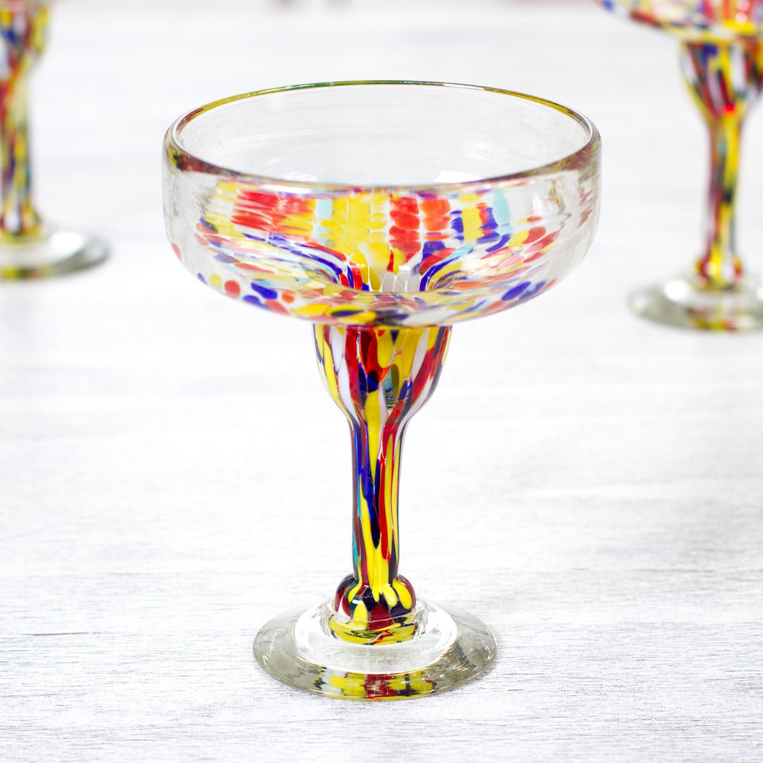 Set of 6 Multicolor Hand Blown Glass Margarita Glasses - Confetti Festival