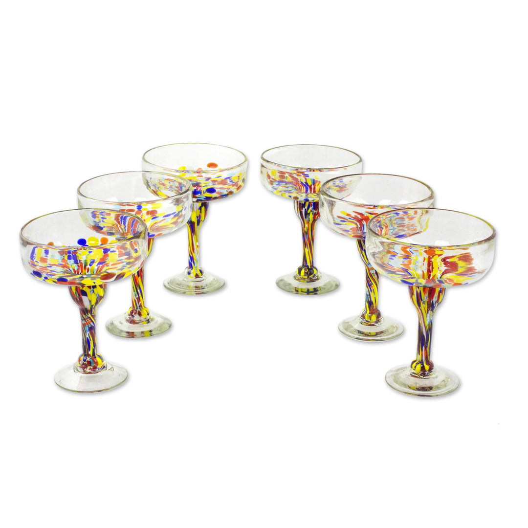 Set of 6 Multicolor Hand Blown Glass Margarita Glasses - Confetti Festival