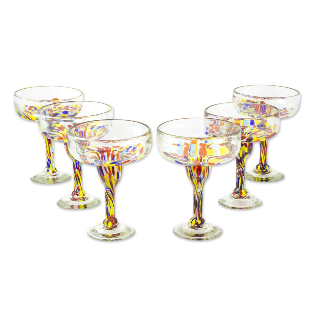 Set of 6 Multicolor Hand Blown Glass Margarita Glasses - Confetti Festival