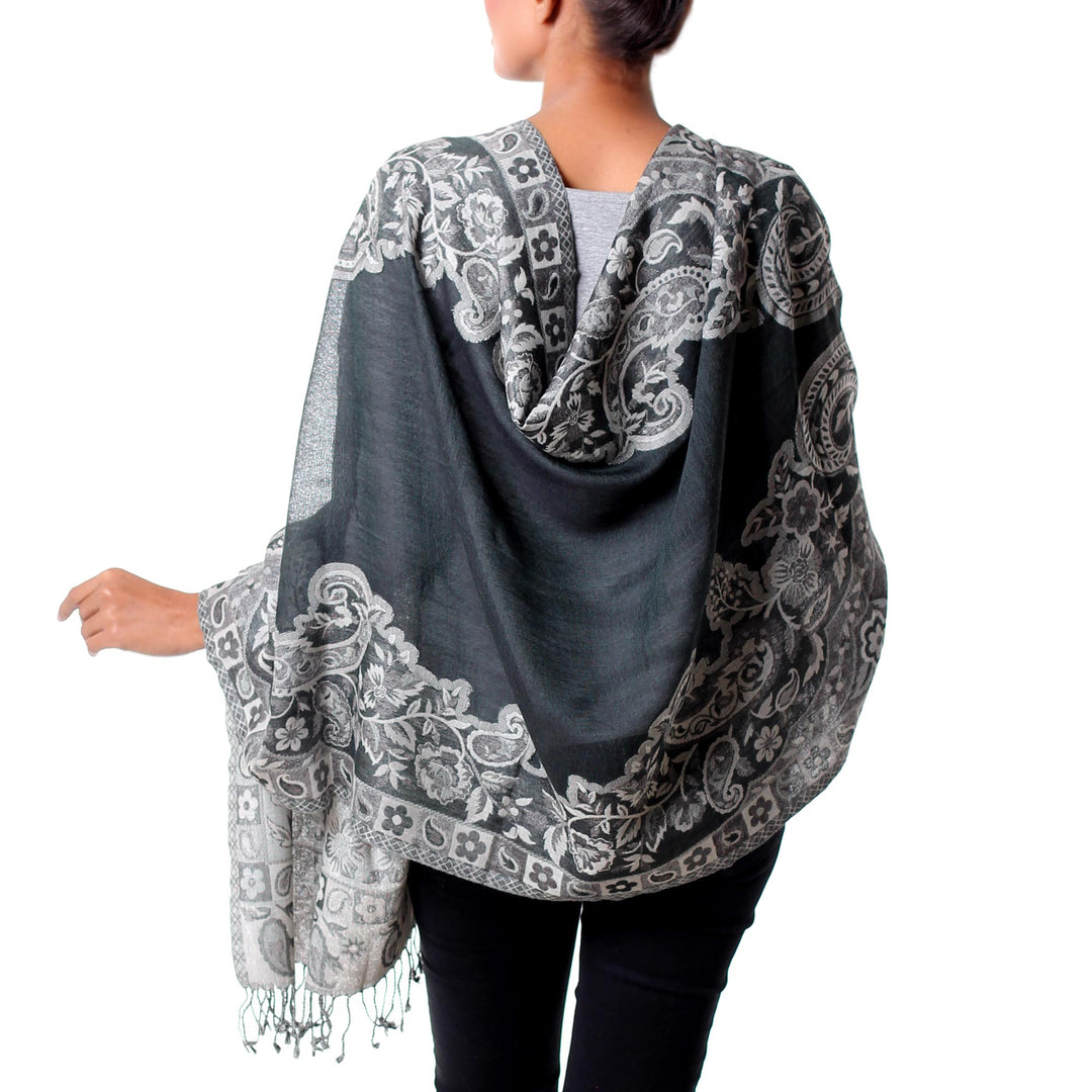 Paisley Woven Jamawar Shawl from India in Grey and Green - Paisley Shadow