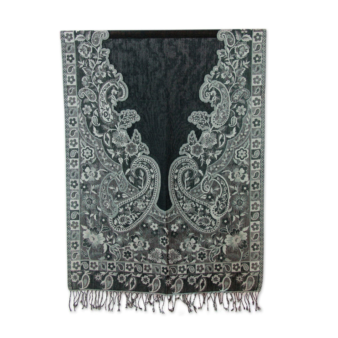 Paisley Woven Jamawar Shawl from India in Grey and Green - Paisley Shadow