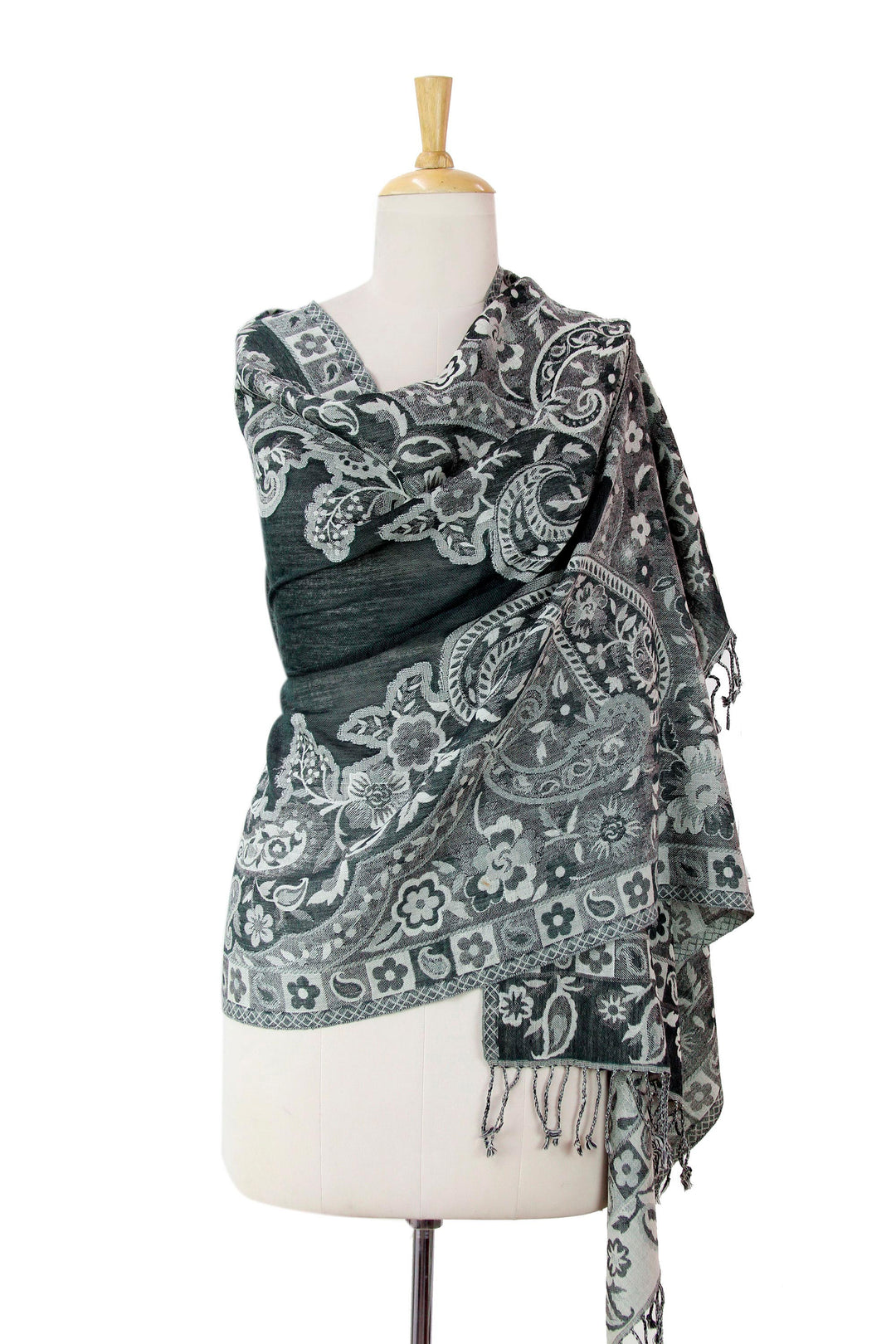 Paisley Woven Jamawar Shawl from India in Grey and Green - Paisley Shadow
