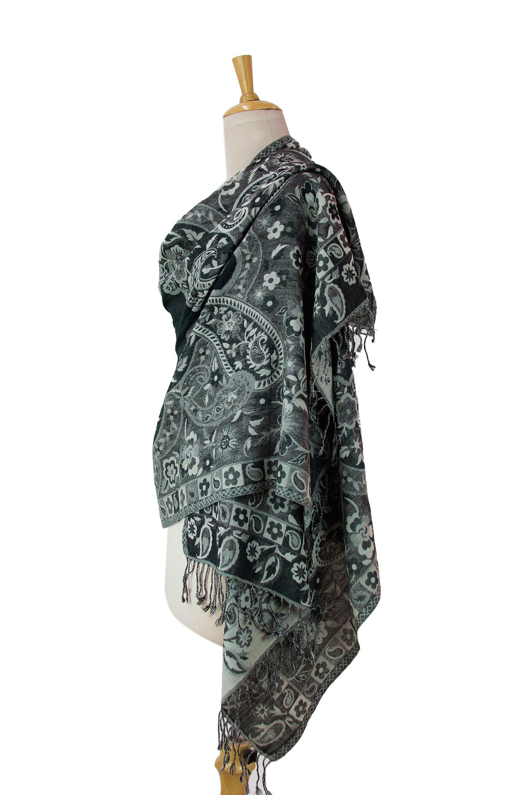 Paisley Woven Jamawar Shawl from India in Grey and Green - Paisley Shadow
