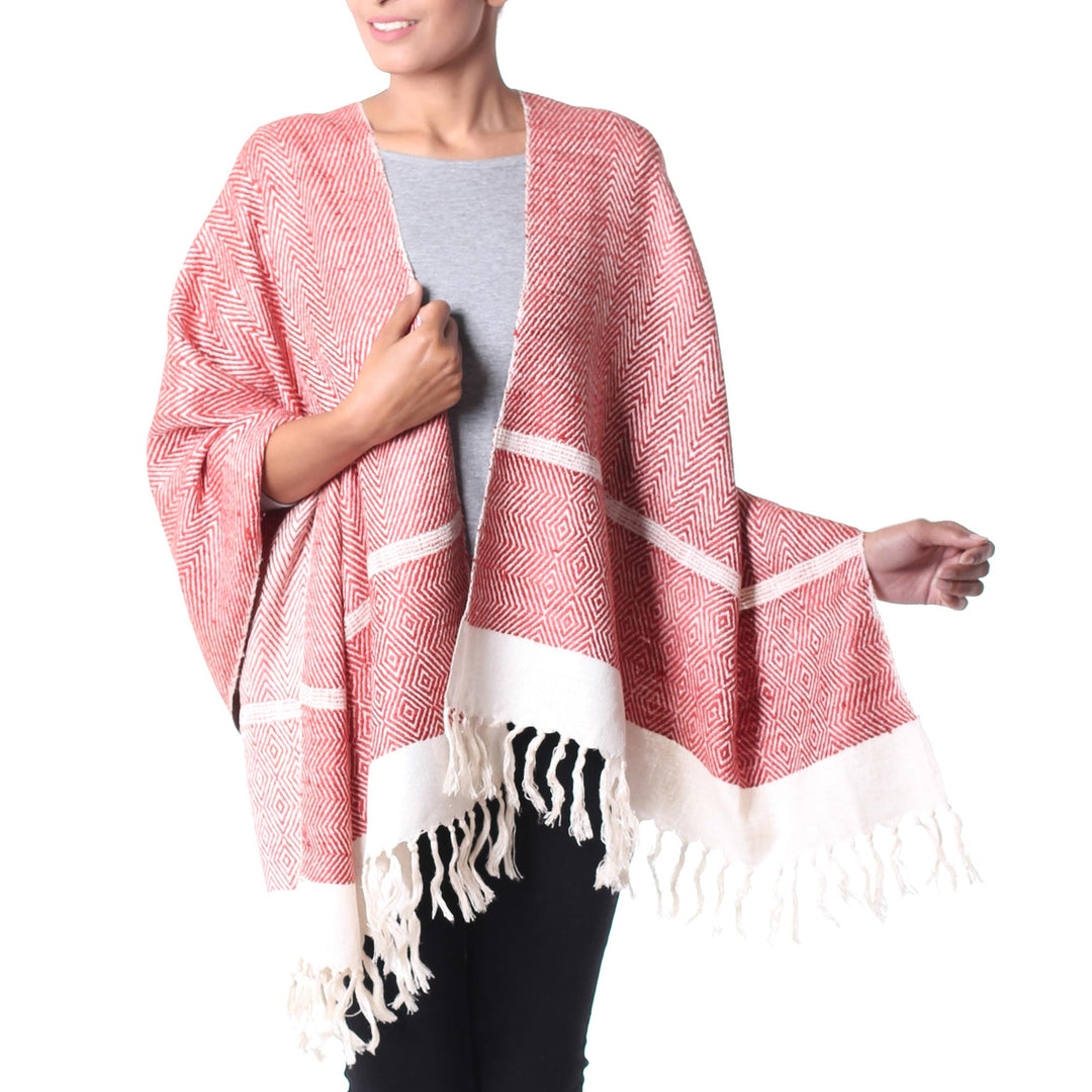 India Orange and White Handwoven Silk Shawl - Harmonious Orange Herringbone