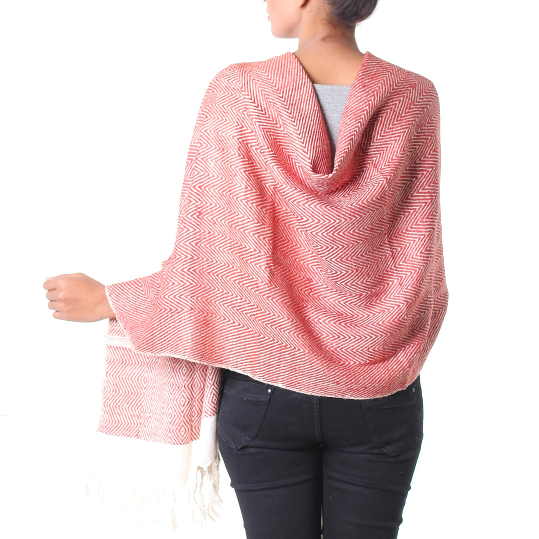 India Orange and White Handwoven Silk Shawl - Harmonious Orange Herringbone