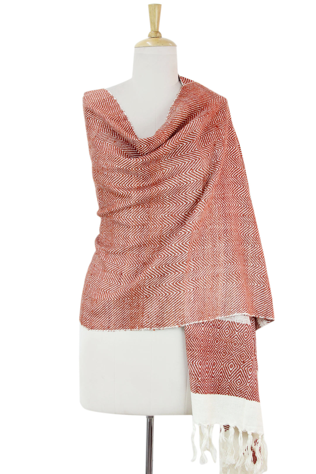 India Orange and White Handwoven Silk Shawl - Harmonious Orange Herringbone