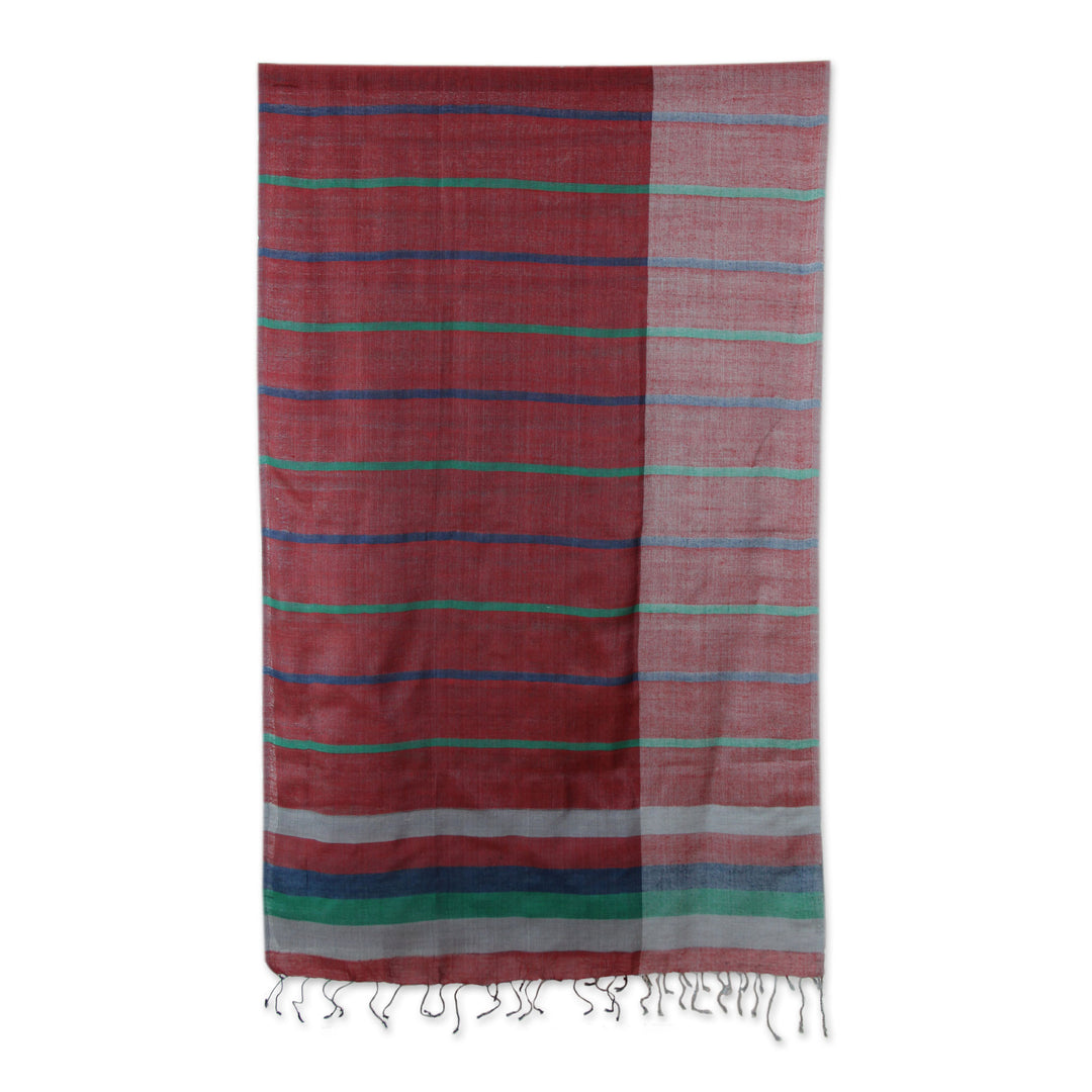 Handwoven Red and Blue Silk Shawl with Turquoise and Grey - Festival in Orissa