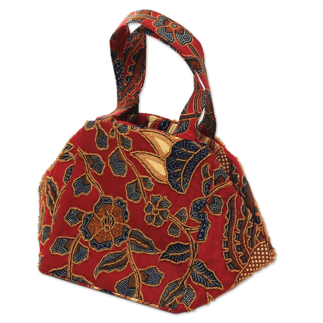Beaded Red Handbag with Hand Stamped Batik from Bali - Red Peacock
