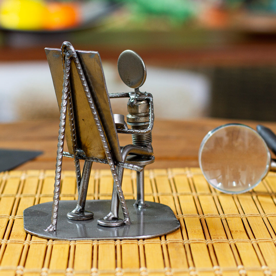 Handcrafted Recycled Metal and Auto Part Painter Sculpture - Rustic Artist at Work