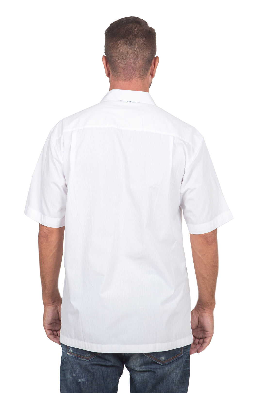 Hand Stamped Batik Accents on White Cotton Shirt For Men - Blue Waves