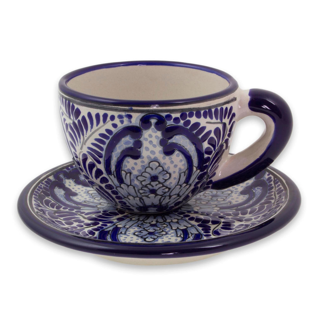 Majolica Ceramic Blue Floral Cup and Saucer - Puebla Kaleidoscope