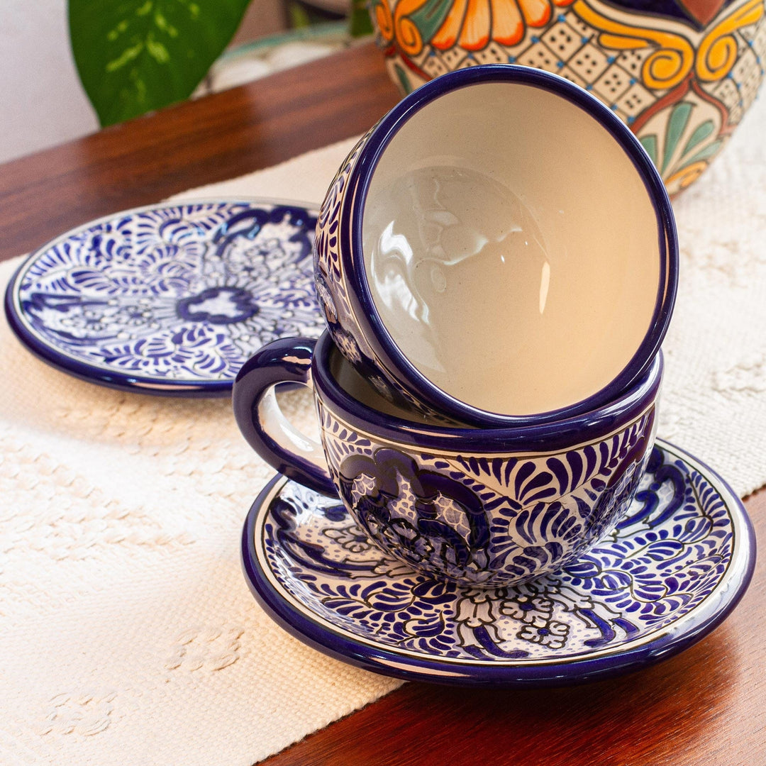 Majolica Ceramic Blue Floral Cup and Saucer - Puebla Kaleidoscope