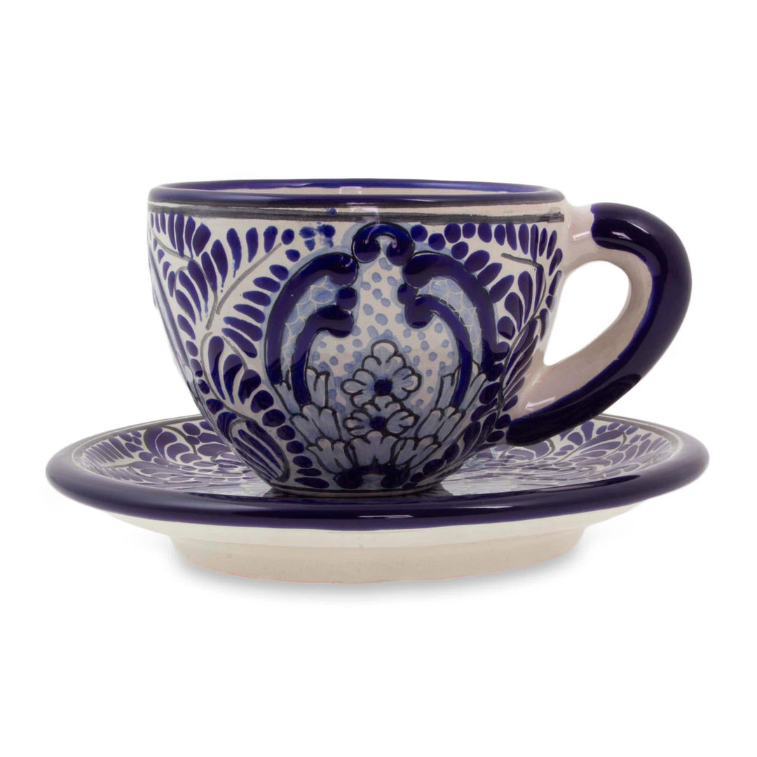 Majolica Ceramic Blue Floral Cup and Saucer - Puebla Kaleidoscope