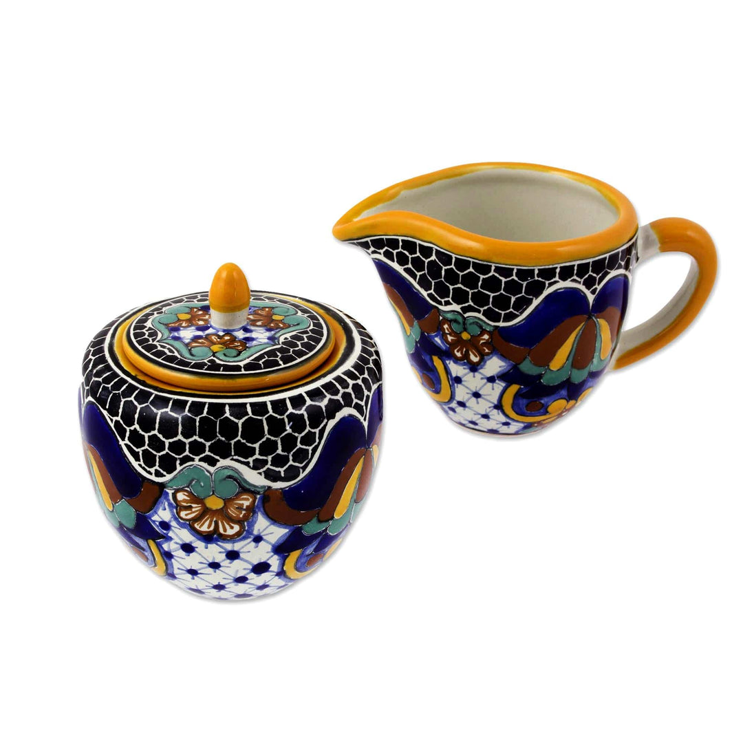 Artisan Crafted Talavera Style Creamer and Sugar Bowl Set - Zacatlan Flowers