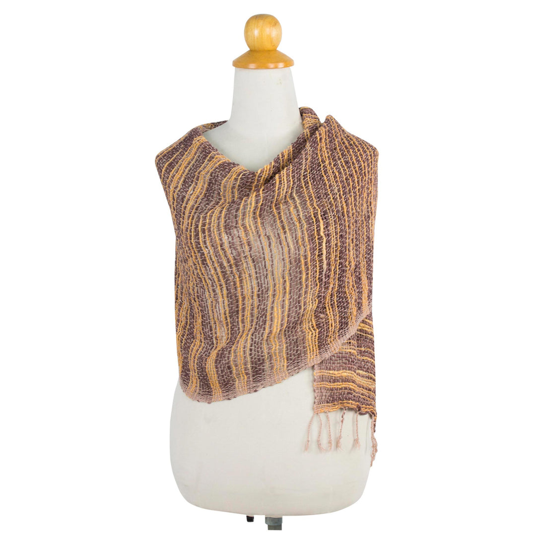Handwoven Cotton Open Weave Scarf in Brown and Yellow - Autumn Melange