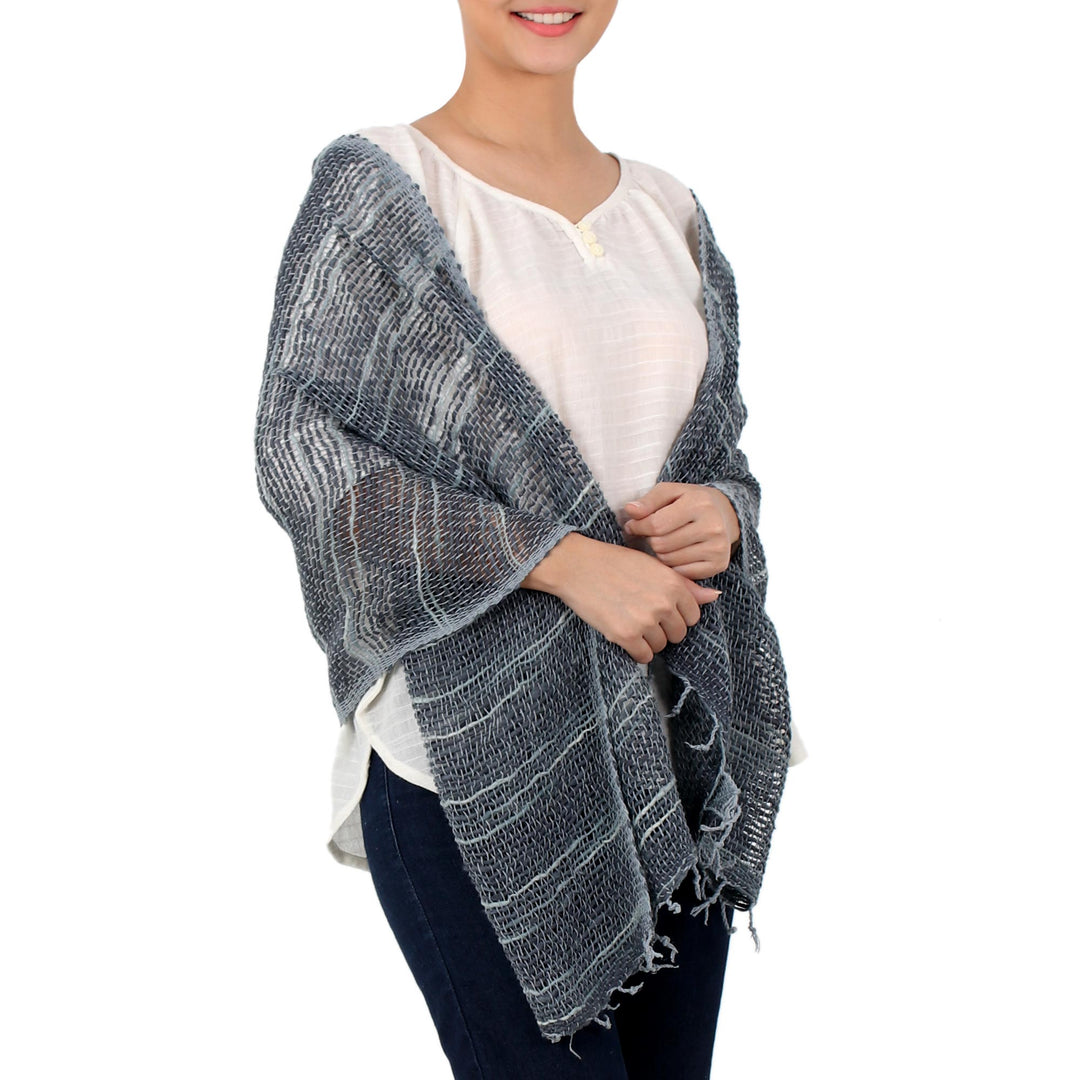 Blue Gray Open Weave Cotton Scarf Handmade in Thailand - Winter Melange