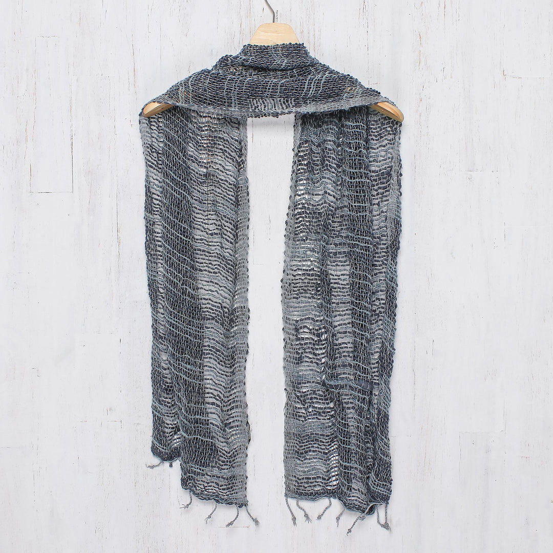 Blue Gray Open Weave Cotton Scarf Handmade in Thailand - Winter Melange
