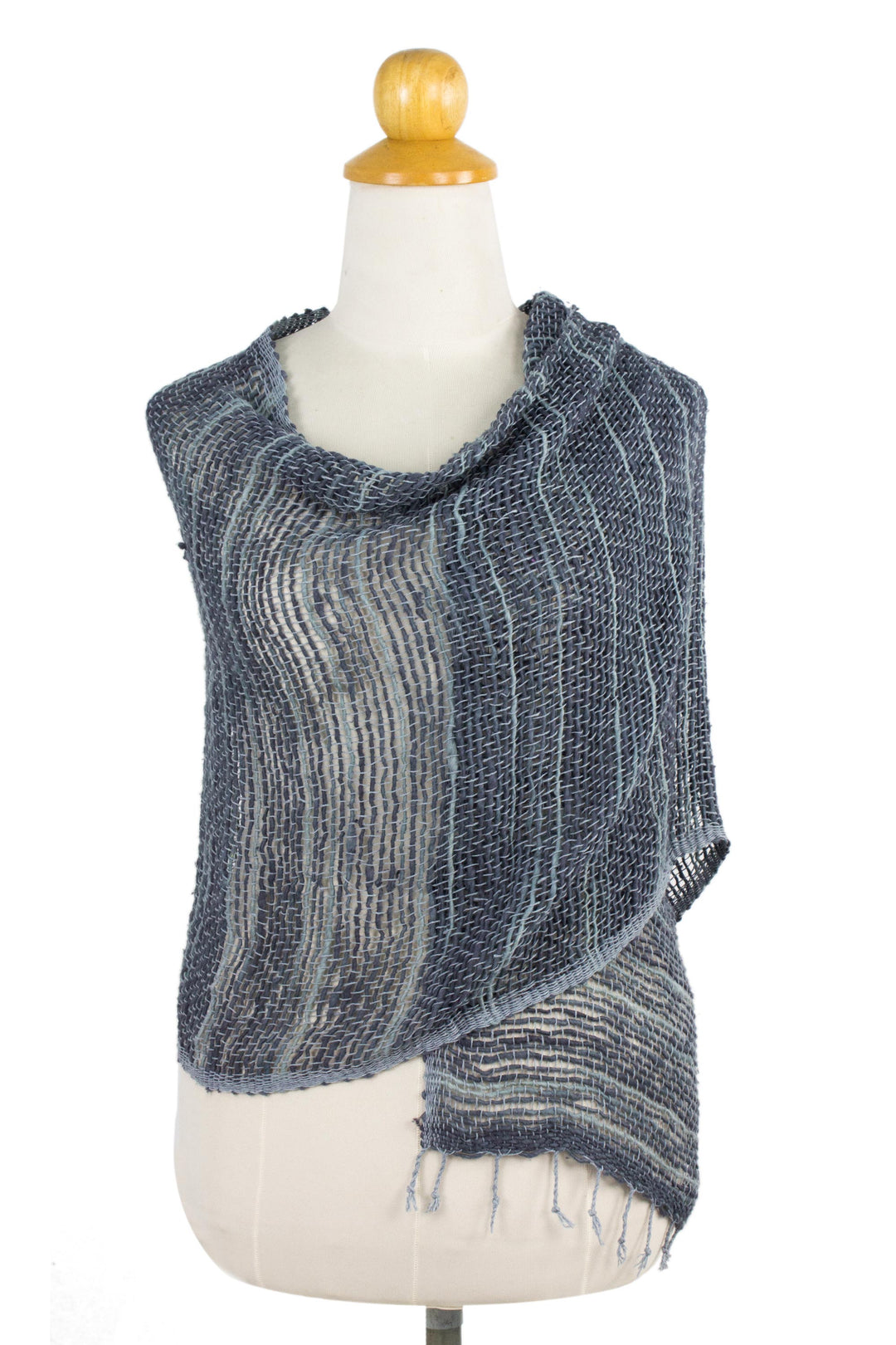 Blue Gray Open Weave Cotton Scarf Handmade in Thailand - Winter Melange