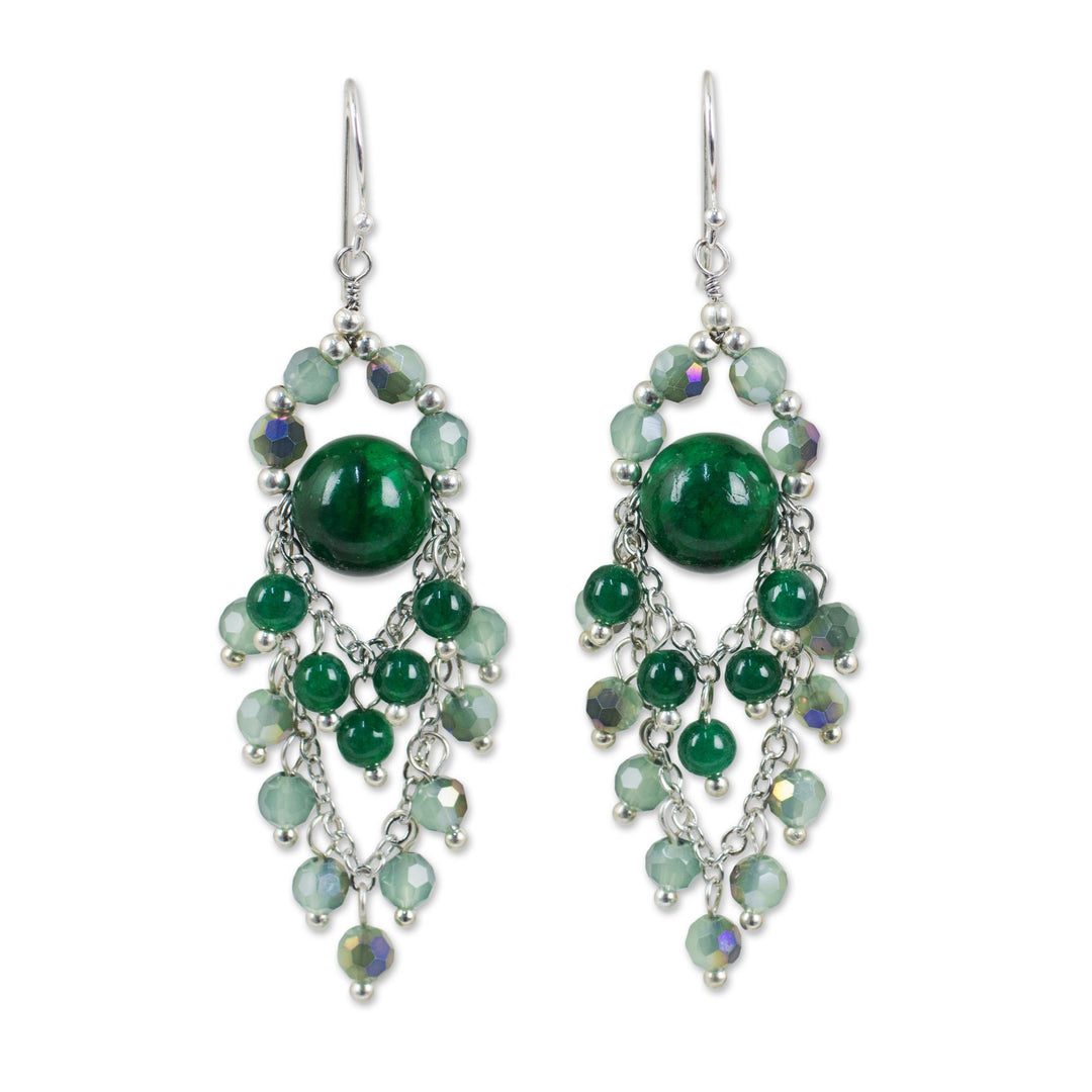 Green Quartz and Glass Bead Chandelier Style Earrings - Brilliant Meteor