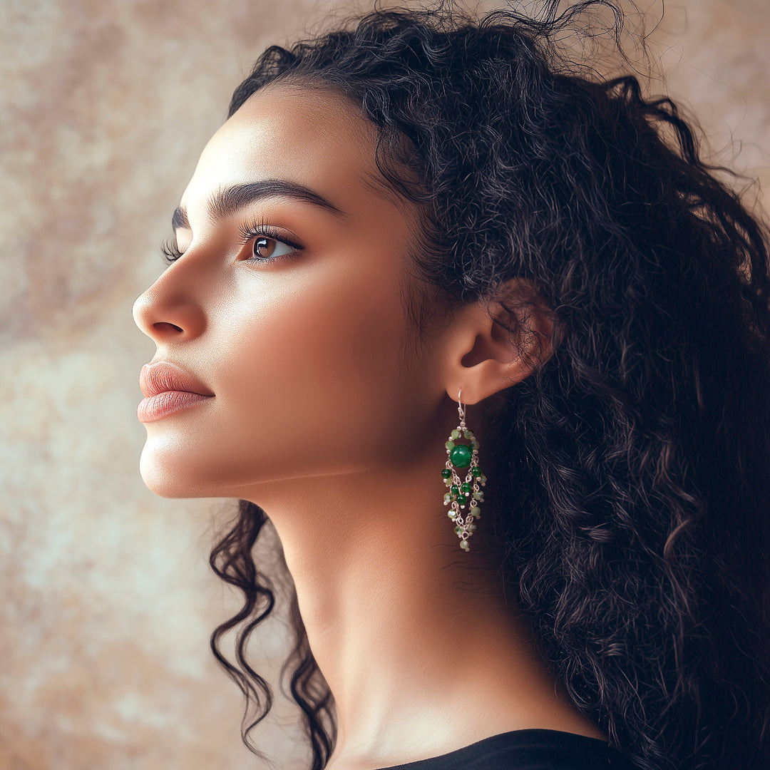 Green Quartz and Glass Bead Chandelier Style Earrings - Brilliant Meteor