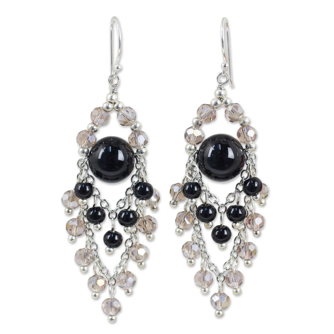 Chandelier Style Earrings with Onyx and Glass Beads - Brilliant Meteor