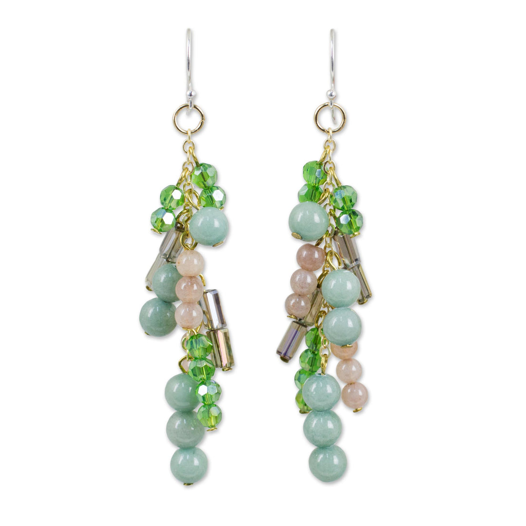 Quartz and Glass Bead Waterfall Earrings in Green Shades - Brilliant Cascade