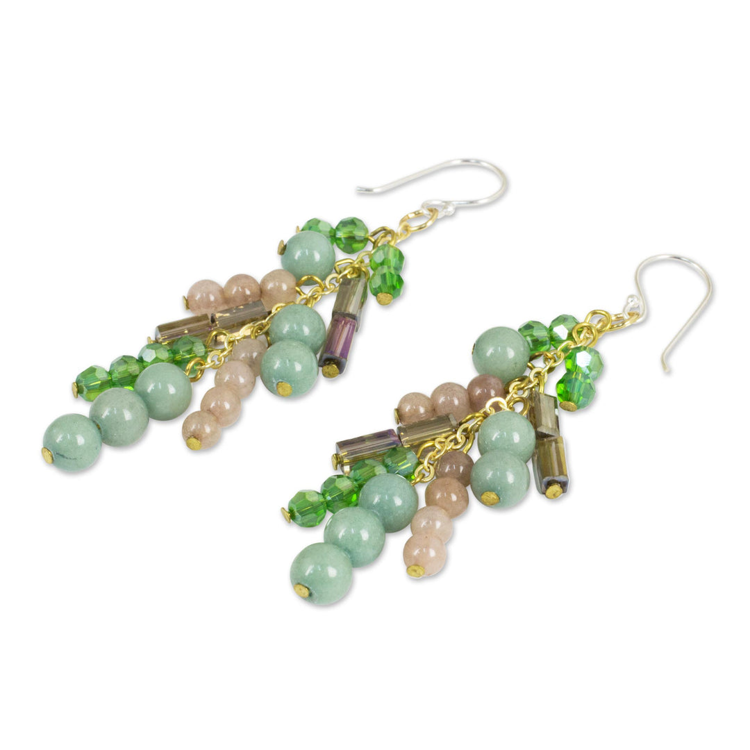 Quartz and Glass Bead Waterfall Earrings in Green Shades - Brilliant Cascade