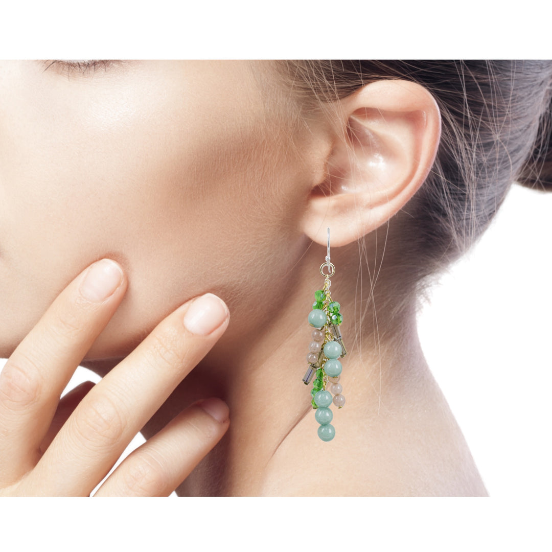 Quartz and Glass Bead Waterfall Earrings in Green Shades - Brilliant Cascade