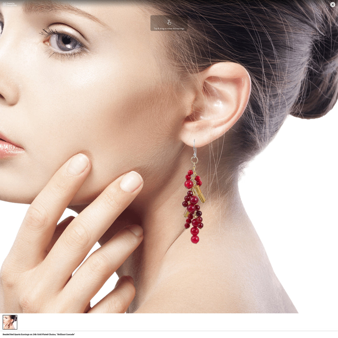 Beaded Red Quartz Earrings on 24k Gold Plated Chains - Brilliant Cascade