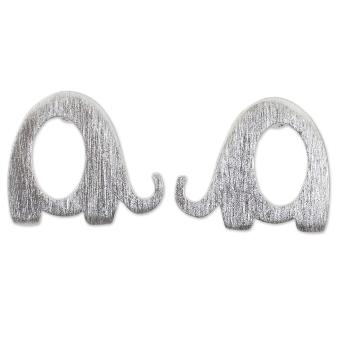 Brushed Silver Elephant Stud Earrings from Thai Artisan - Tiny Elephants