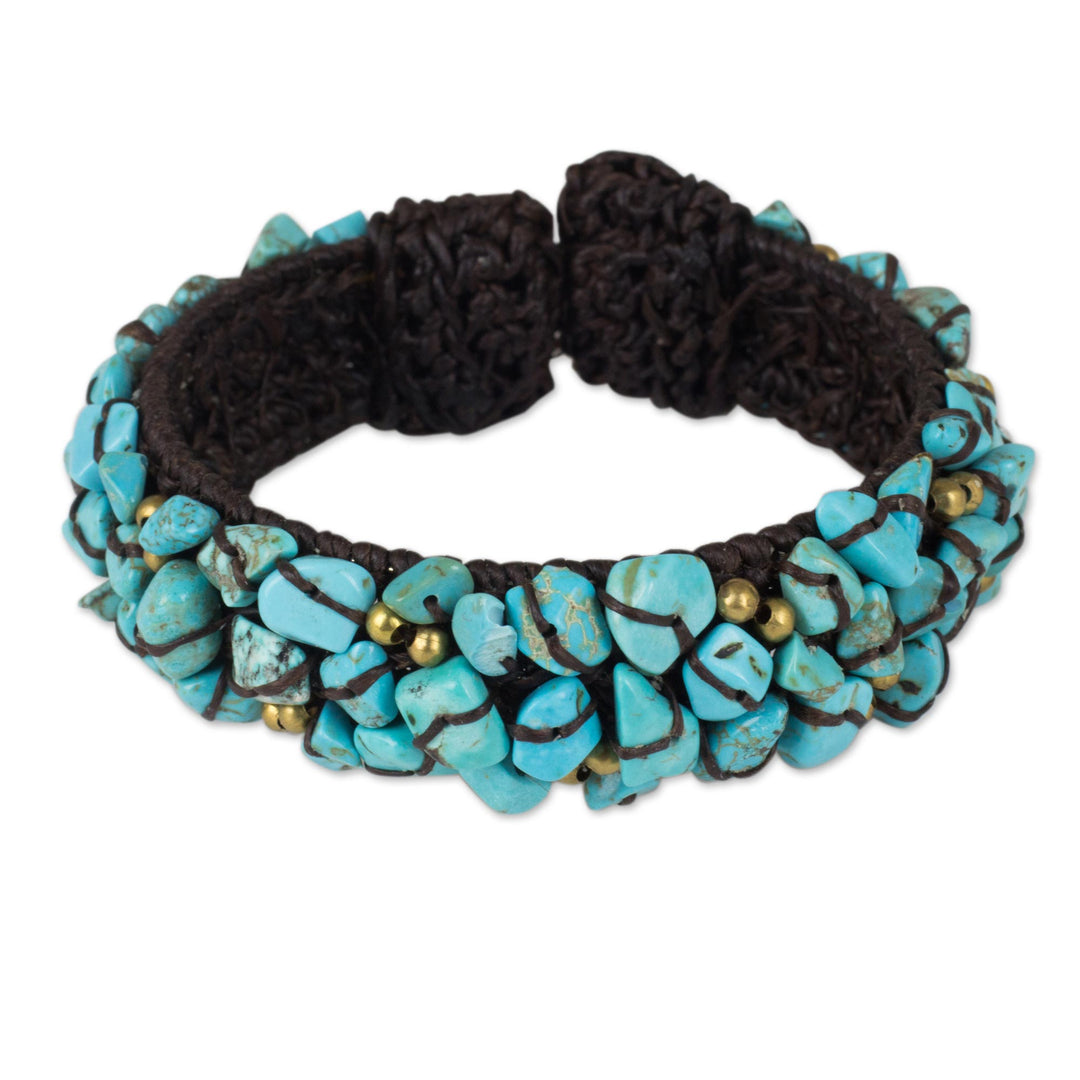 Turquoise Color Bead Bracelet on Brown Crocheted Cords - Sky Blue Day