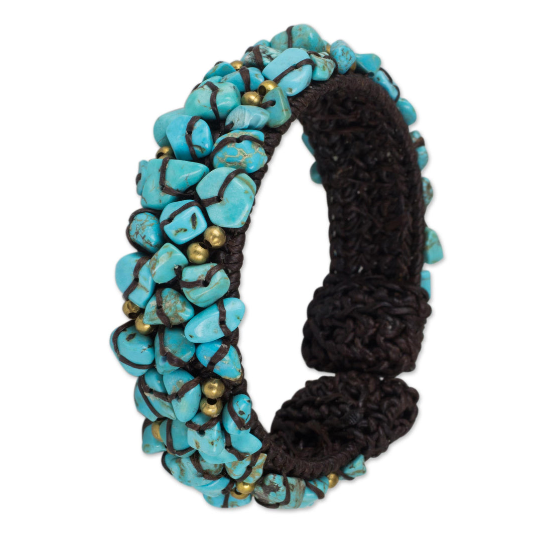 Turquoise Color Bead Bracelet on Brown Crocheted Cords - Sky Blue Day