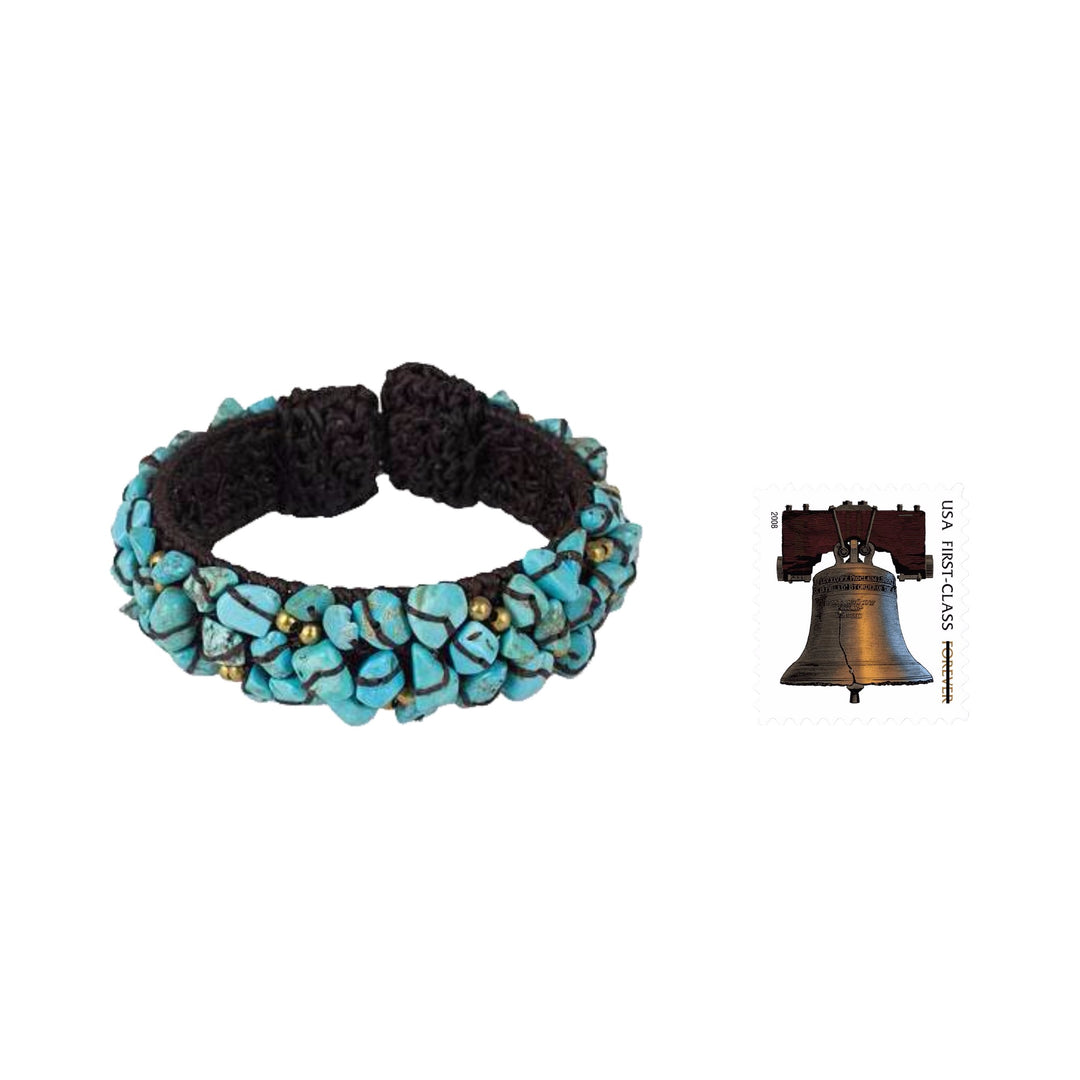 Turquoise Color Bead Bracelet on Brown Crocheted Cords - Sky Blue Day