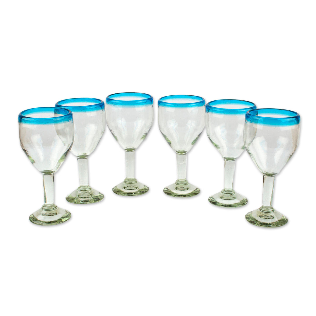 Clear with Aqua Rim Hand Blown 8 oz Wine Glasses (Set of 6) - Aqua Kiss