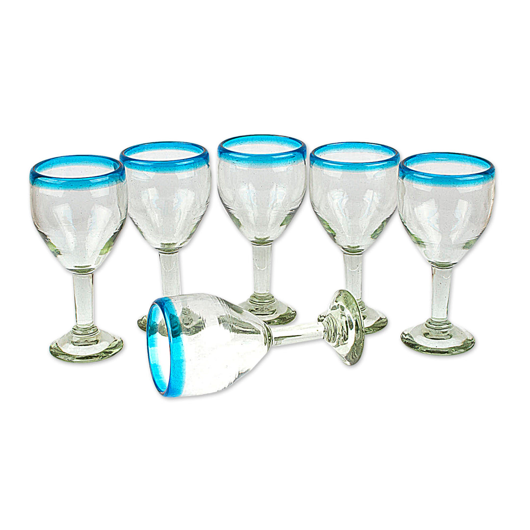 Clear with Aqua Rim Hand Blown 8 oz Wine Glasses (Set of 6) - Aqua Kiss