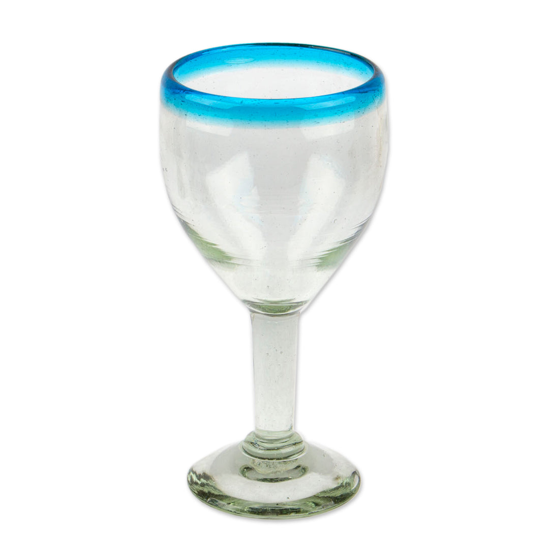 Clear with Aqua Rim Hand Blown 8 oz Wine Glasses (Set of 6) - Aqua Kiss