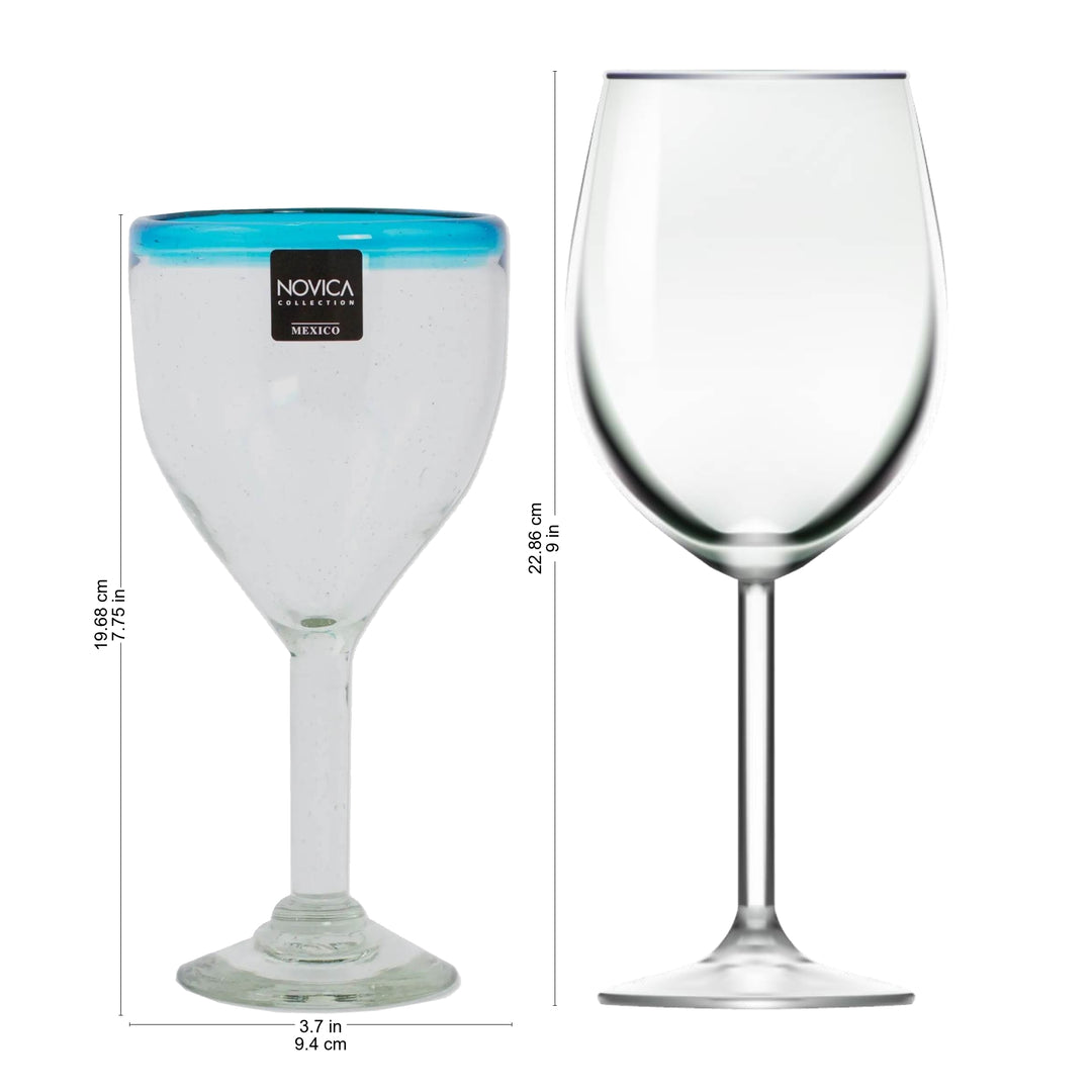 Clear with Aqua Rim Hand Blown 8 oz Wine Glasses (Set of 6) - Aqua Kiss