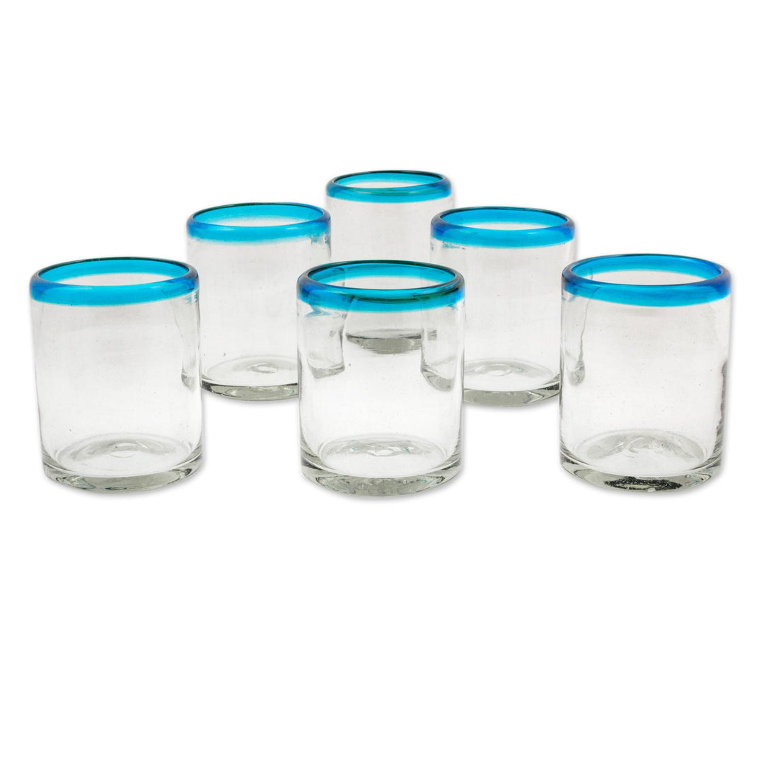Set of 6 Clear with Aqua Rim Hand Blown 8 oz Juice Glasses - Aqua Kiss
