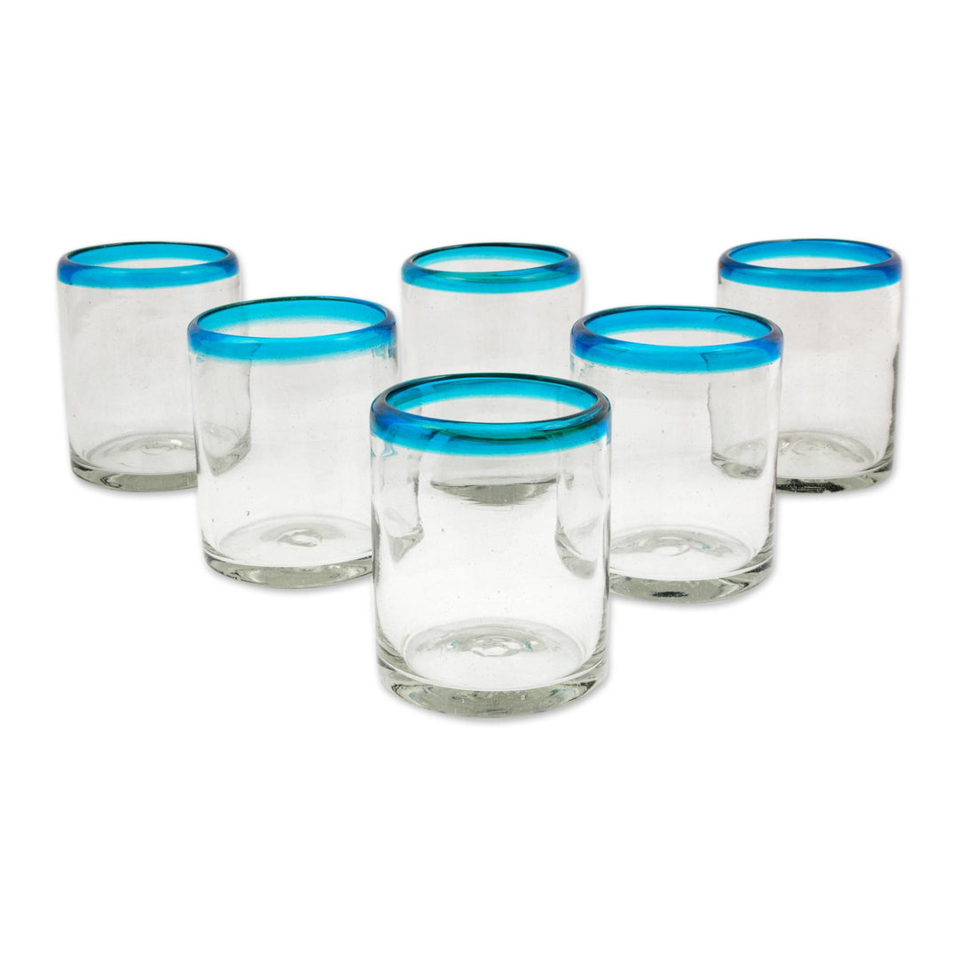 Set of 6 Clear with Aqua Rim Hand Blown 8 oz Juice Glasses - Aqua Kiss