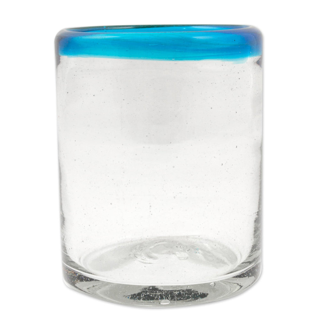 Set of 6 Clear with Aqua Rim Hand Blown 8 oz Juice Glasses - Aqua Kiss