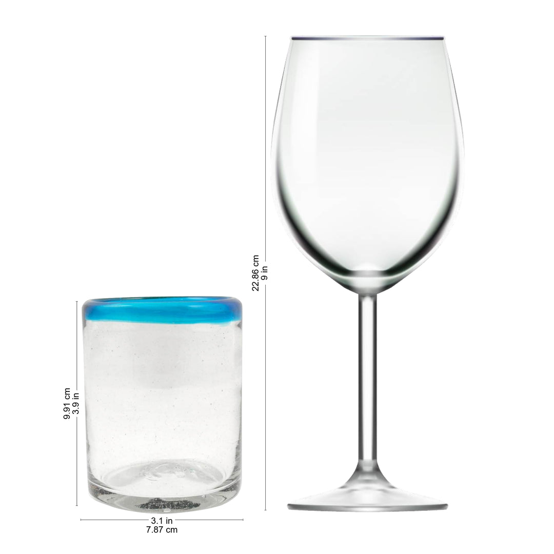 Set of 6 Clear with Aqua Rim Hand Blown 8 oz Juice Glasses - Aqua Kiss