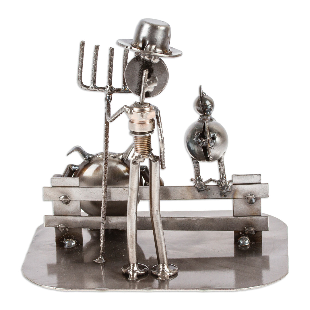 Mexican Handcrafted Recycled Auto Parts Farm Sculpture - Mechanical Farmer