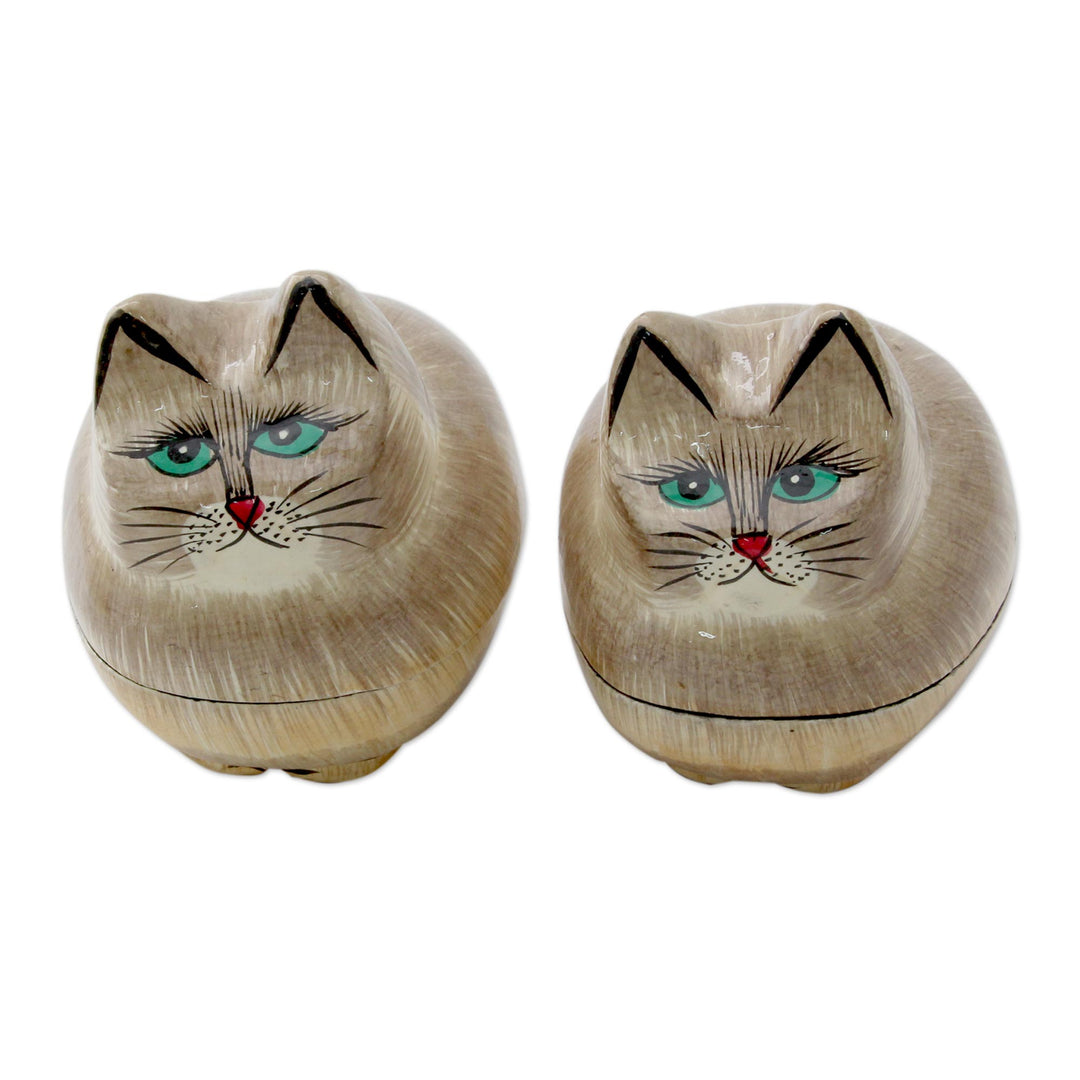 Indian Handcrafted Cat Theme Papier Mache Boxes (Pair) - Contented Kitties