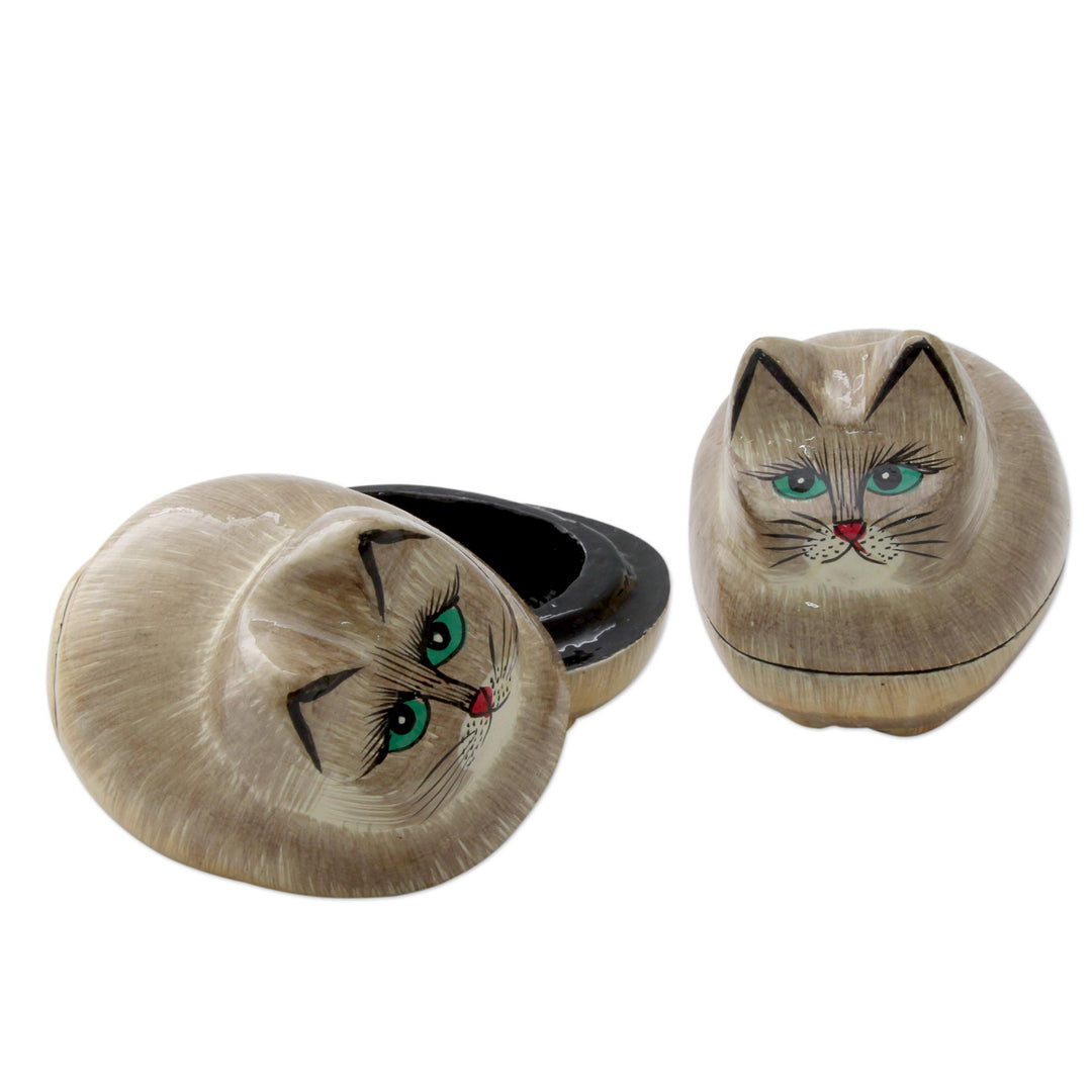 Indian Handcrafted Cat Theme Papier Mache Boxes (Pair) - Contented Kitties