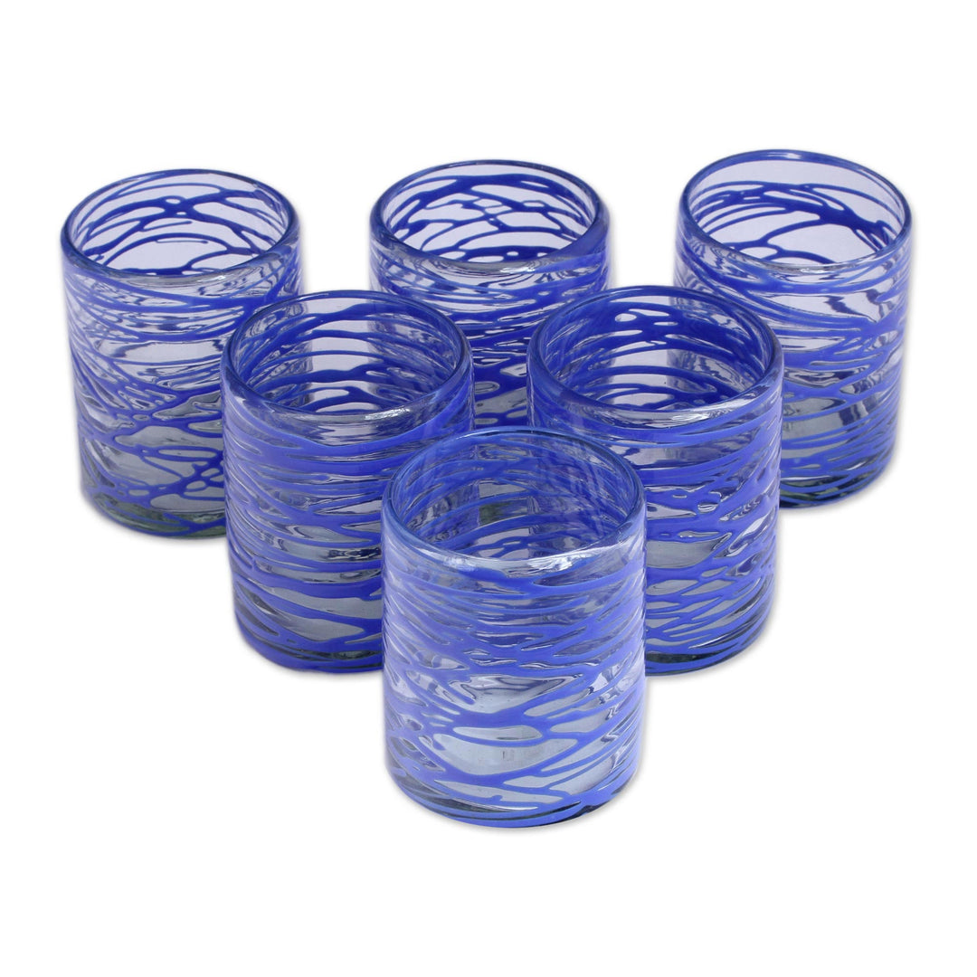 Six Sapphire Blue Swirl Blown Glass 10 oz Rock Glasses Set - Sapphire Web