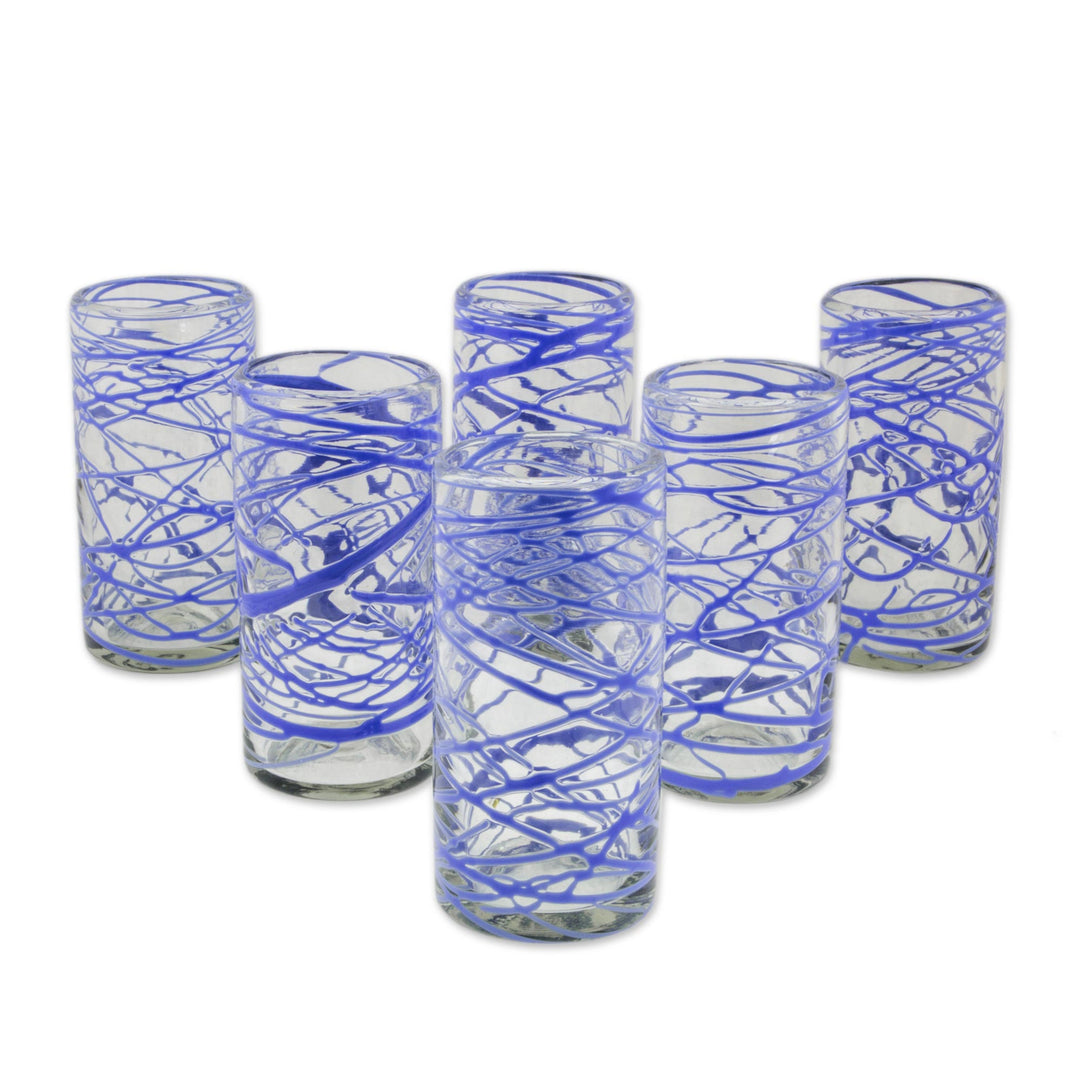 Six Blue Swirl Hand Blown 11 oz High Ball Glasses - Sapphire Web