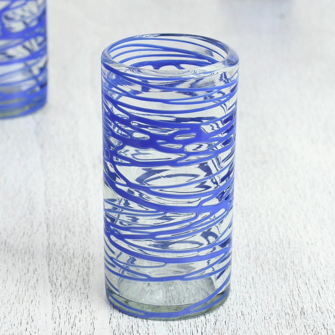 Six Blue Swirl Hand Blown 11 oz High Ball Glasses - Sapphire Web