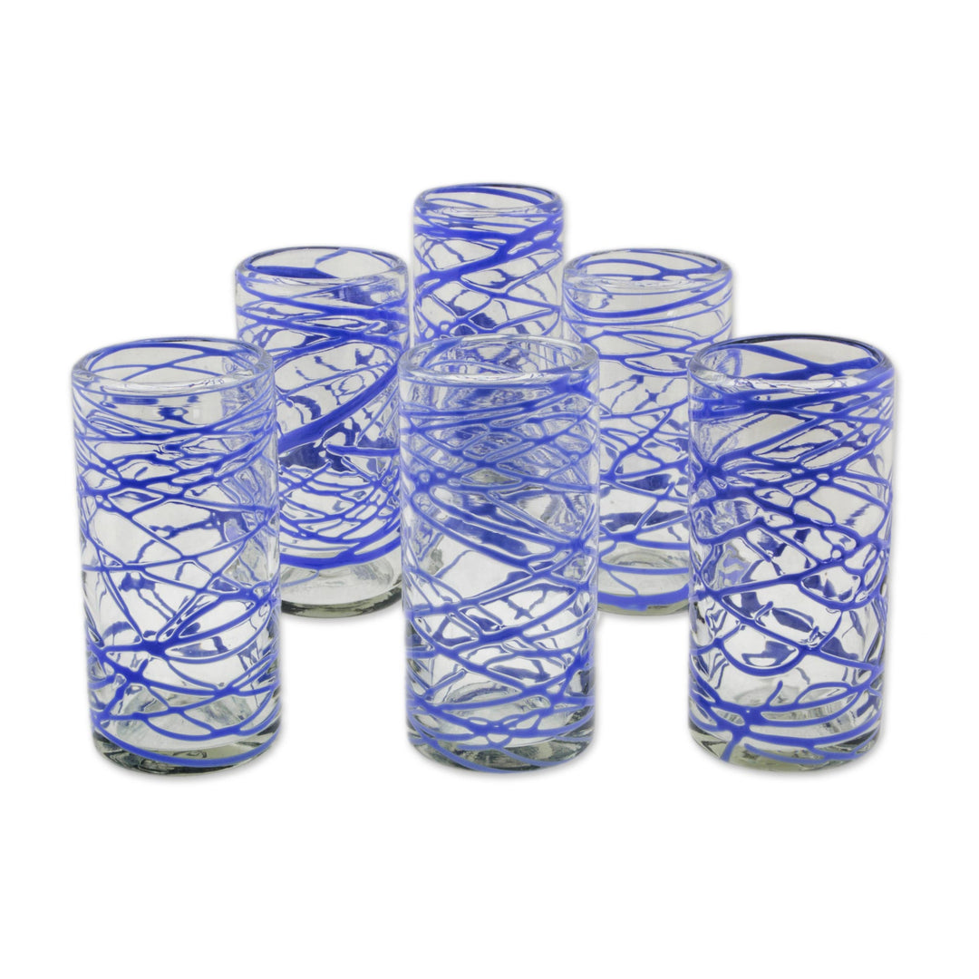 Six Blue Swirl Hand Blown 11 oz High Ball Glasses - Sapphire Web
